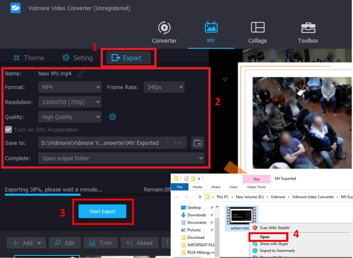 編集したアクション映画を書き出す