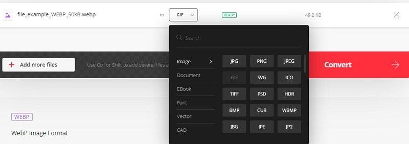 Convertio で WEBP を GIF に変換