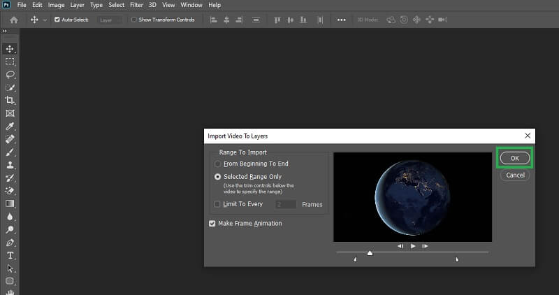 Photoshop GIFメーカー 動画範囲を選択