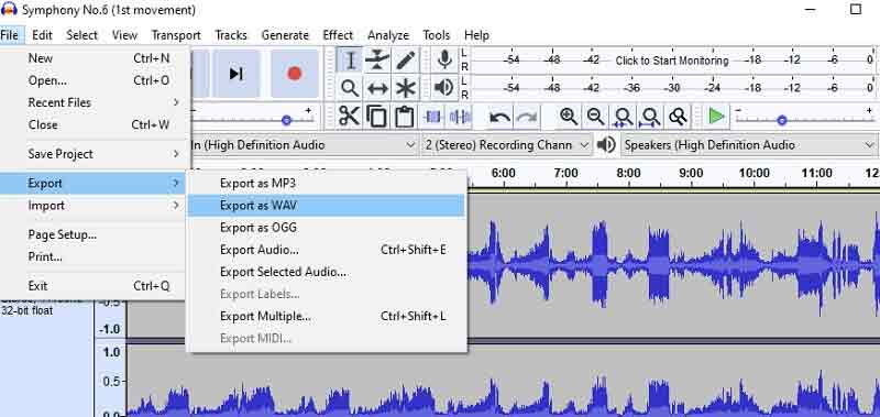 Audacity を WAV に書き出し M4A から WAV へ