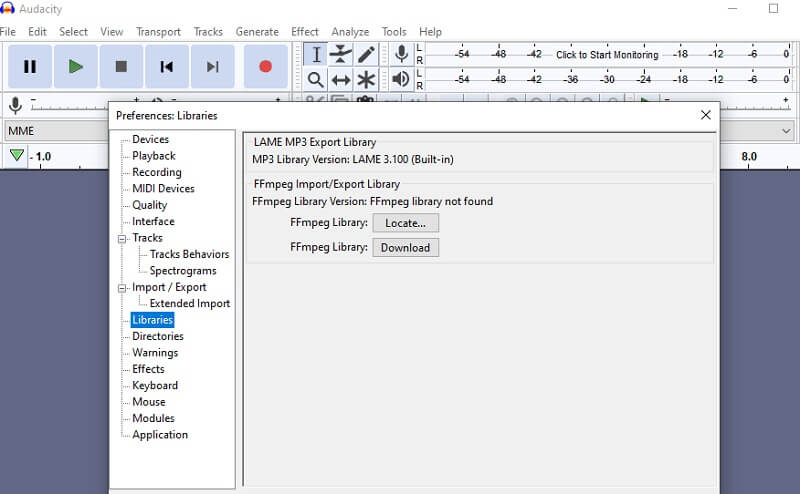 Audacity ライブラリを指定 M4A から WAV へ