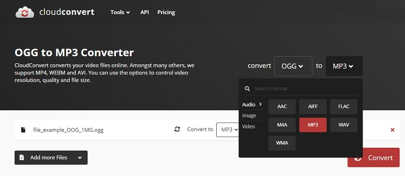 Cloud Convert インターフェース OGGからMP3へ