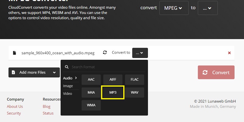 Cloud Convert 出力を選択 MPEG から MP3 へ