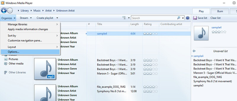 Windows Media Player リップ設定を開く AIFFからMP3へ