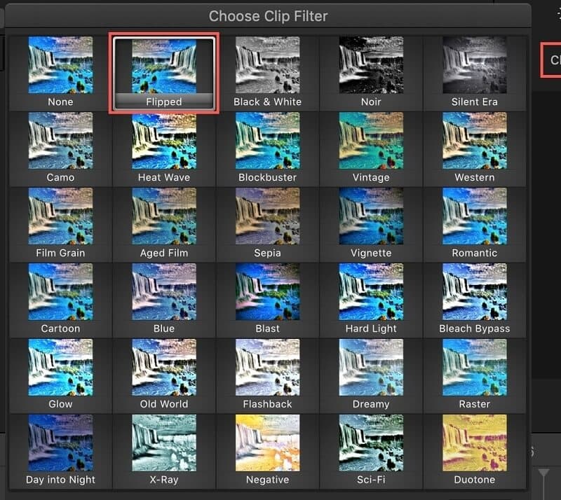 iMovie クリップフィルタで「反転」を選択