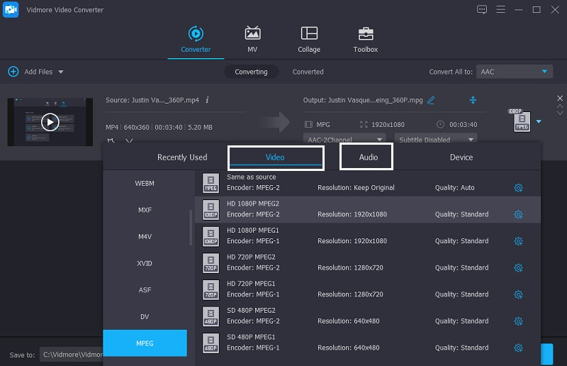 Vidmore 形式選択