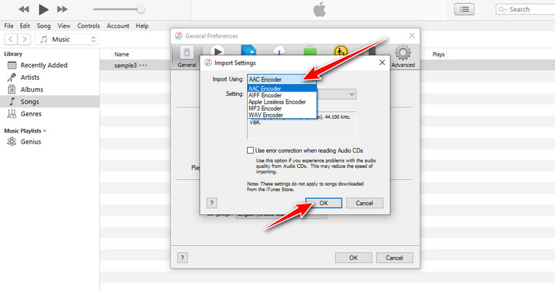 iTunes 変換設定を選択