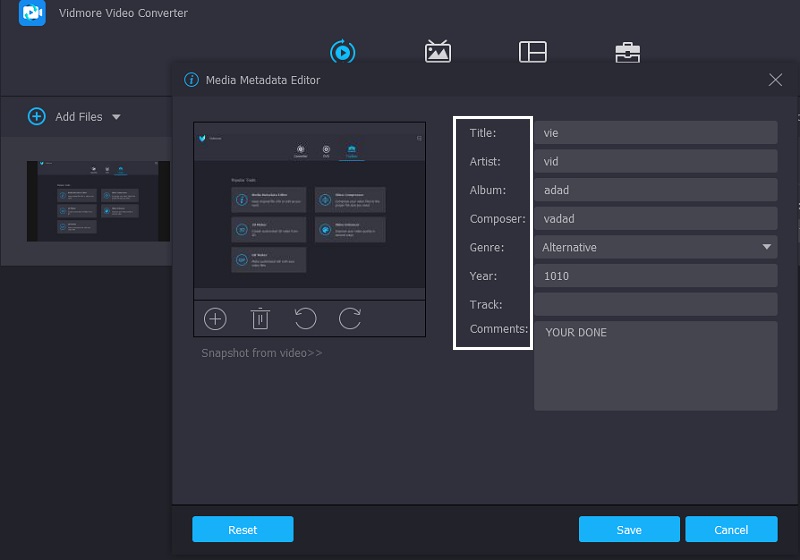 Vidmore MOVメタデータを変更