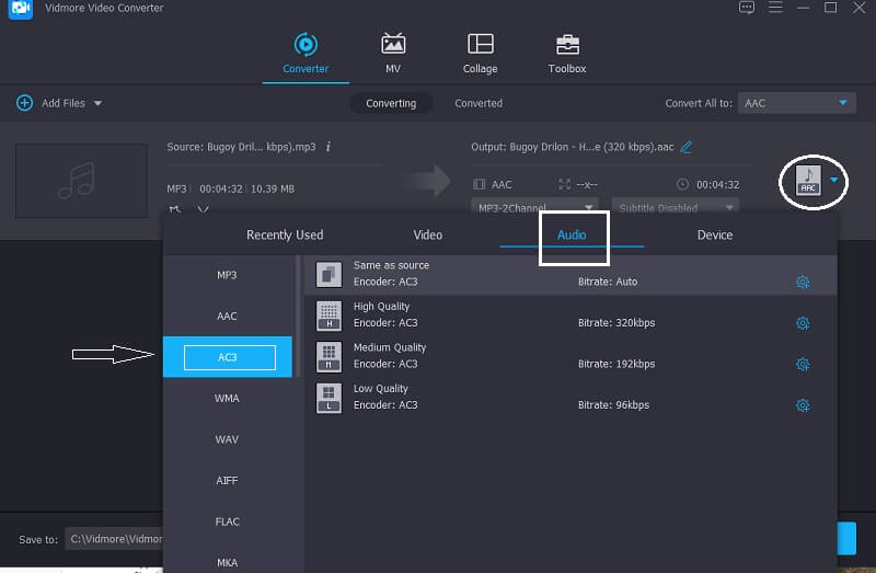 Vidmore AC3 形式を選択