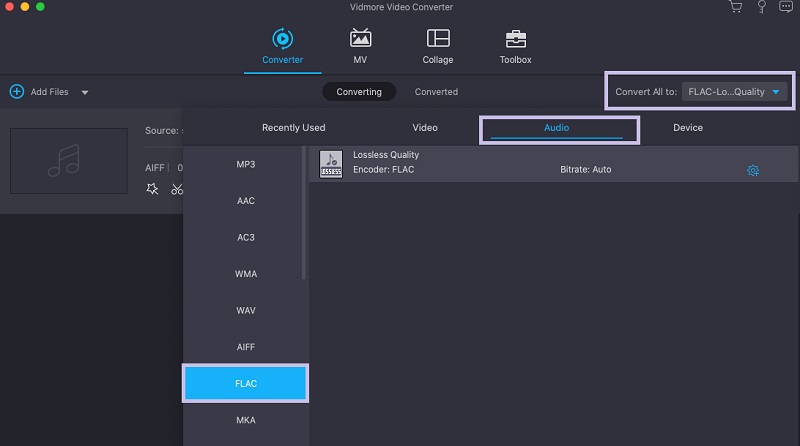 Vidmore Mac 出力形式選択画面