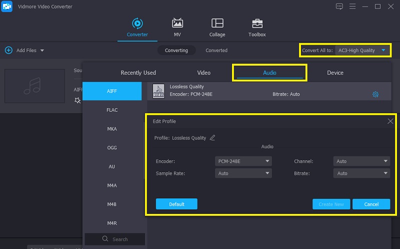 Vidmore AIFF形式を選択しプロフィールを編集