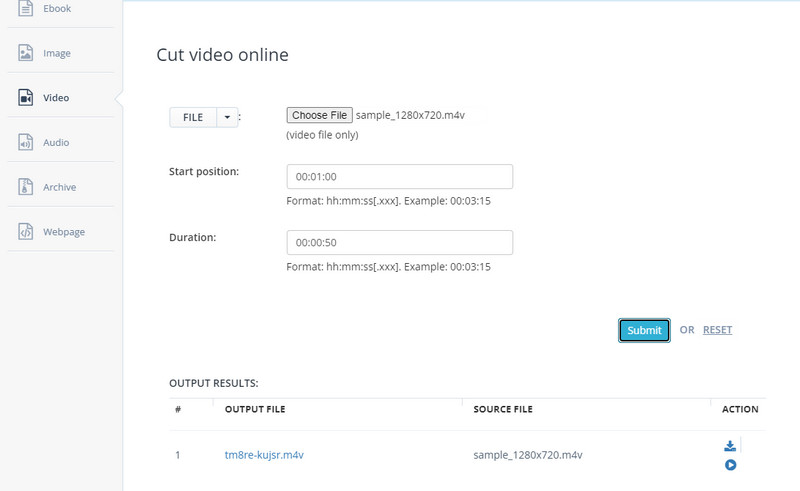 Aconvert.com ムービーカット