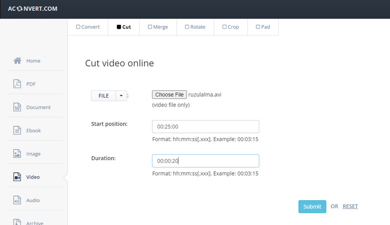 Aconvert AVIカット