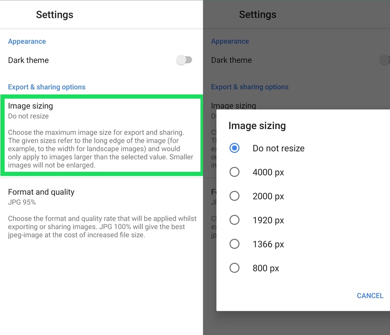 iPhone の写真解像度を変更する — Snapseed 版