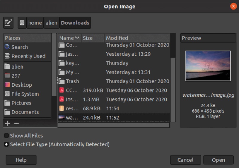 GIMP 画像を開く