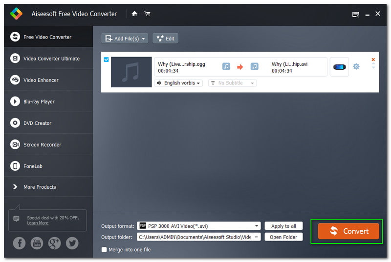 OGG を AVI に変換 Aiseesoft Free Video Converter 変換