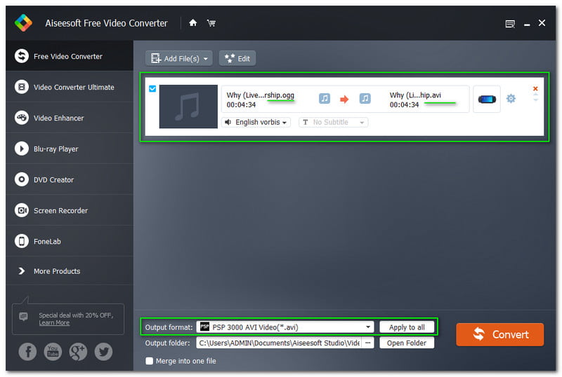 OGG を AVI に変換 Aiseesoft Free Video Converter 設定