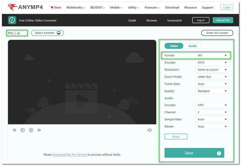 OGGをAVIに変換する　AnyMP4　AVI形式を選択