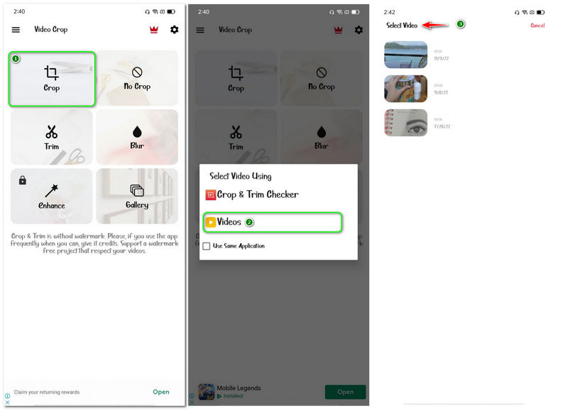 Instagram 用に動画サイズを変更する方法：Android「ビデオ」ボタンと動画選択