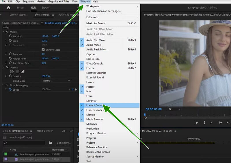 PR Lumetri ウィンドウにアクセス
