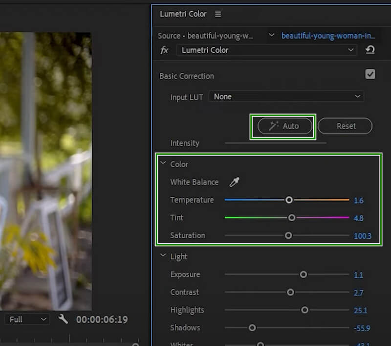 PR Lumetri ウィンドウを設定