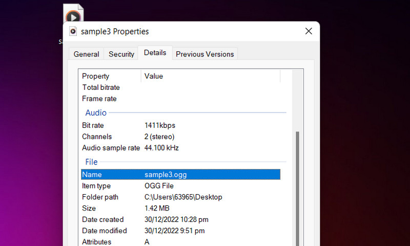 プロパティで OGG メタデータを編集する