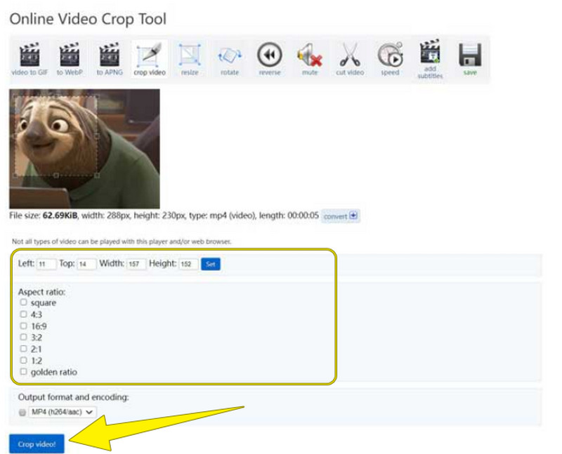 EZGIF 動画ファイルをクロップ