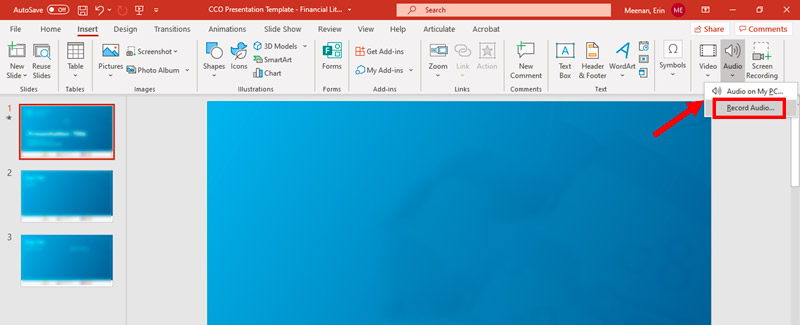 PowerPoint の「オーディオの録音」機能を選択
