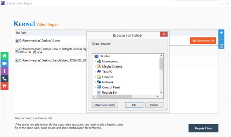 Kernel Video Repair 保存フォルダー選択