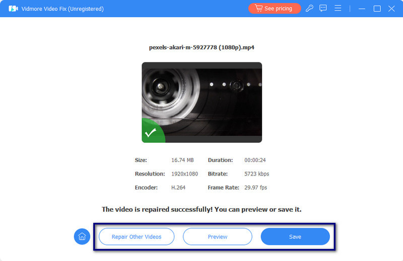 修復済みファイルをプレビューまたは保存