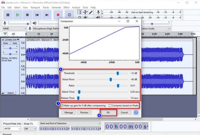 audacity エフェクト コンプレッサー しきい値 ノイズフロア