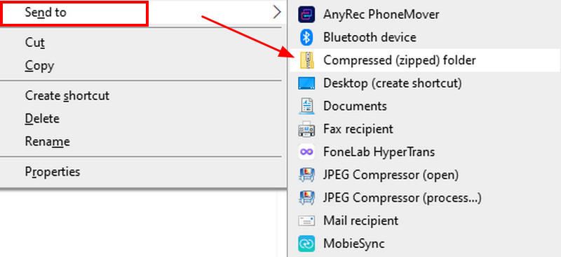 送る 圧縮 (zip形式) フォルダー