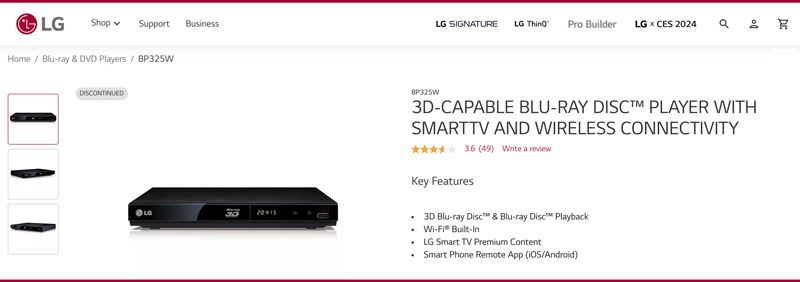 リージョンフリー Blu-ray DVD プレーヤー LG BP325W