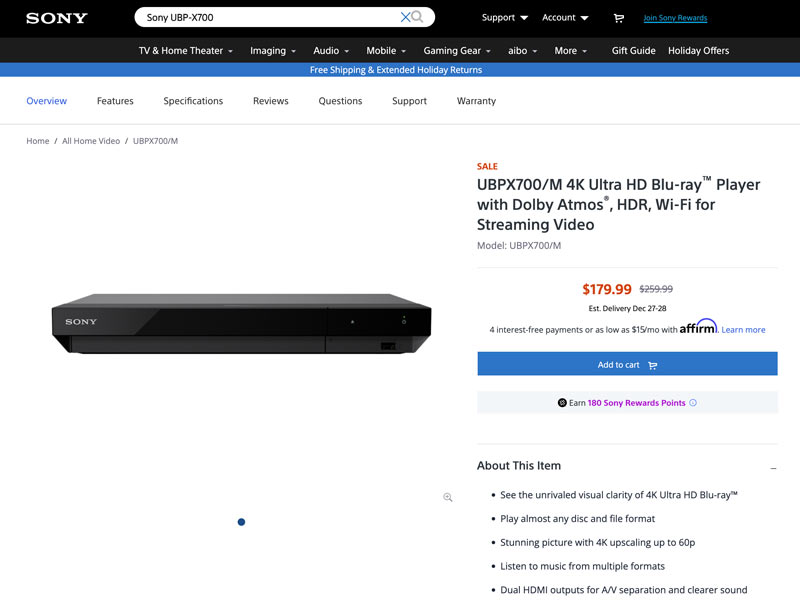 Sony HDMI DVDプレーヤー UBPX700