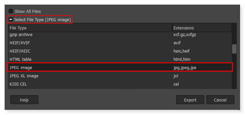 GIMP 出力形式を選択