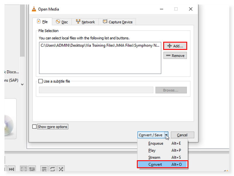 VLC プレーヤー ファイルを追加
