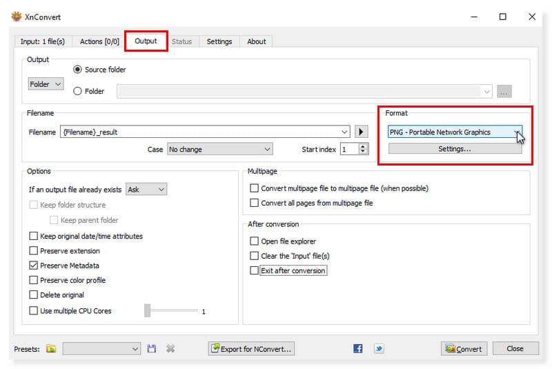 XConvert SVG to PNG 出力形式を選択