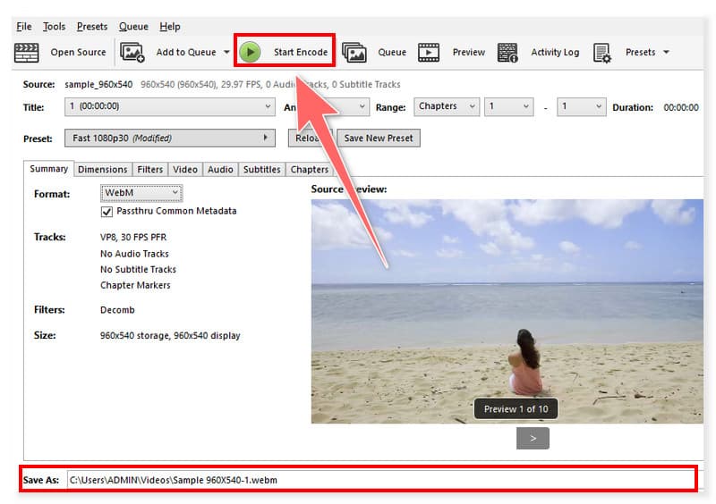 HandBrakeでWEBMファイルのエンコードを開始