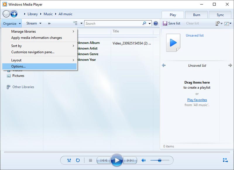 Windows Media Player を開く