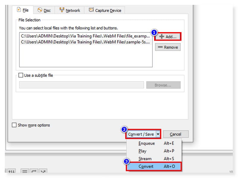 VLC WebM ファイルを選択