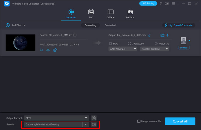 MOV の保存先を選択