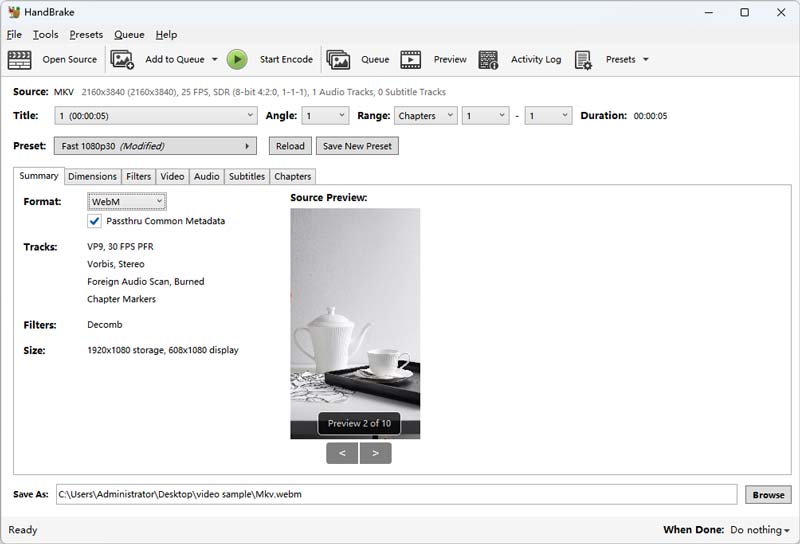 HandBrakeでMKVをWebMに変換