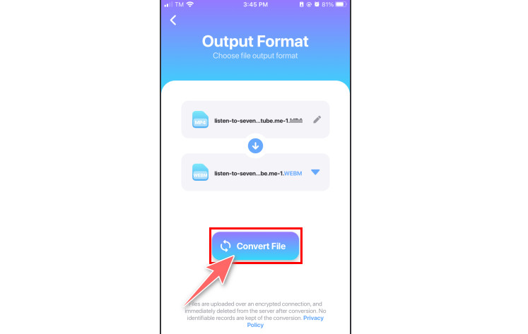 動画変換アプリ ファイルを変換をクリック