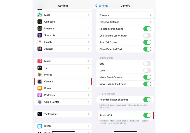 スマートHDRを有効または無効にする