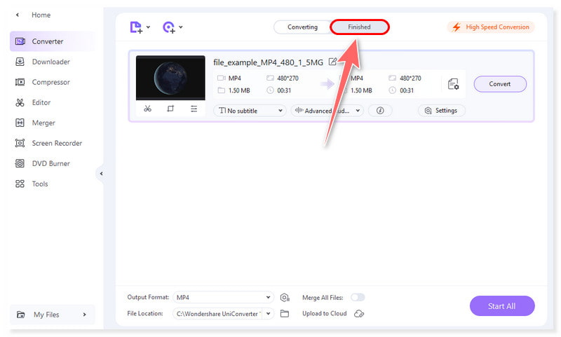 Wondershare 動画完了タブの確認