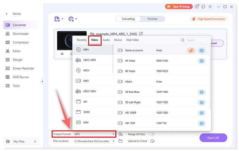 Wondershare 出力形式の選択