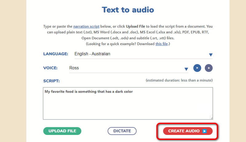 「Create Audio」ボタンをクリック