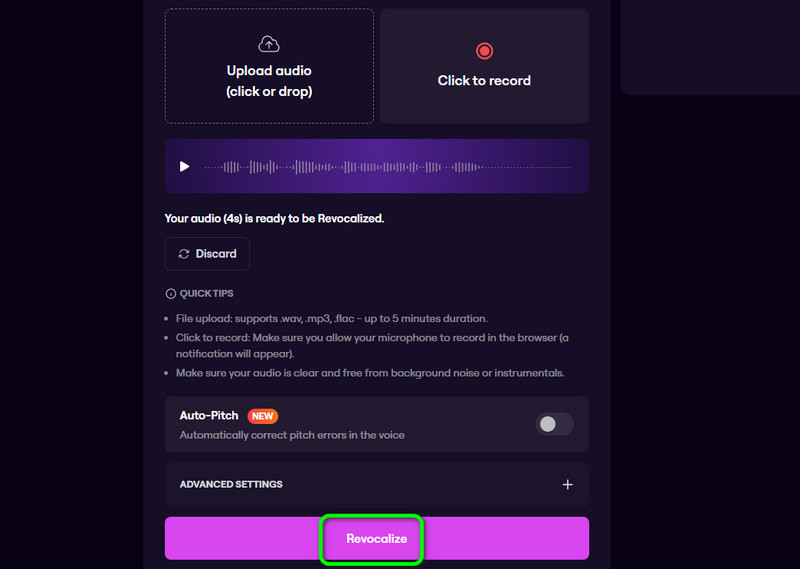 ［Revocalize］ボタンをクリック