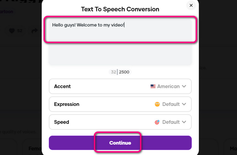テキストを入力して［Continue］