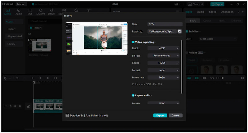 安定化された動画を書き出す